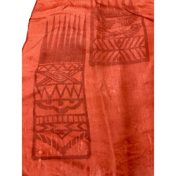 Vintage Hand-Printed Silk Scarf – Abstract Tribal Motif, Rust Red (1950s–1960s) - Picture 2 of 3